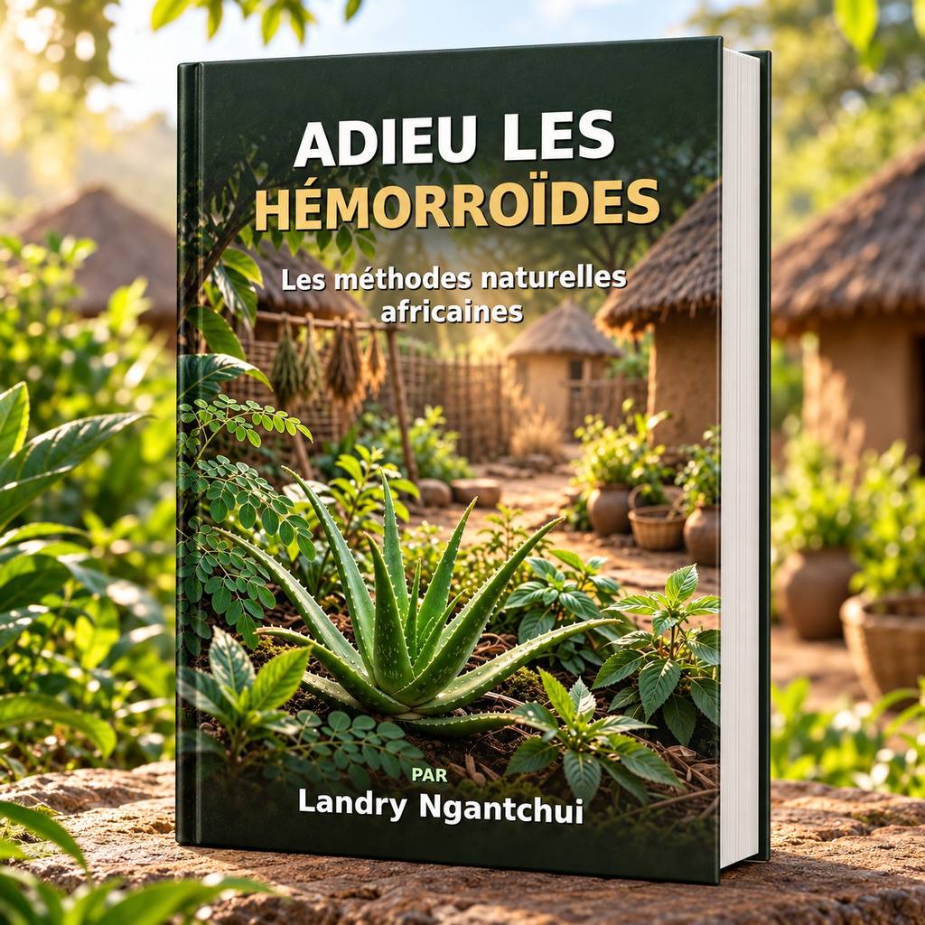 Mockup 3D du livre Adieu les Hémorroïdes de Landry Ngantchui, dans un jardin africain avec de l’aloé vera