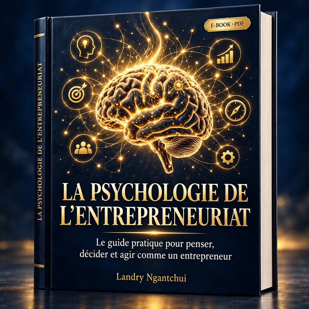 Mockup 3D bleu nuit et or du livre La Psychologie de l’Entrepreneuriat, avec un cerveau doré