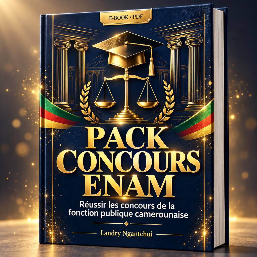 Mockup 3D bleu nuit et or du Pack Concours ENAM, avec un chapeau de diplômé, une balance de la justice et les couleurs du Cameroun