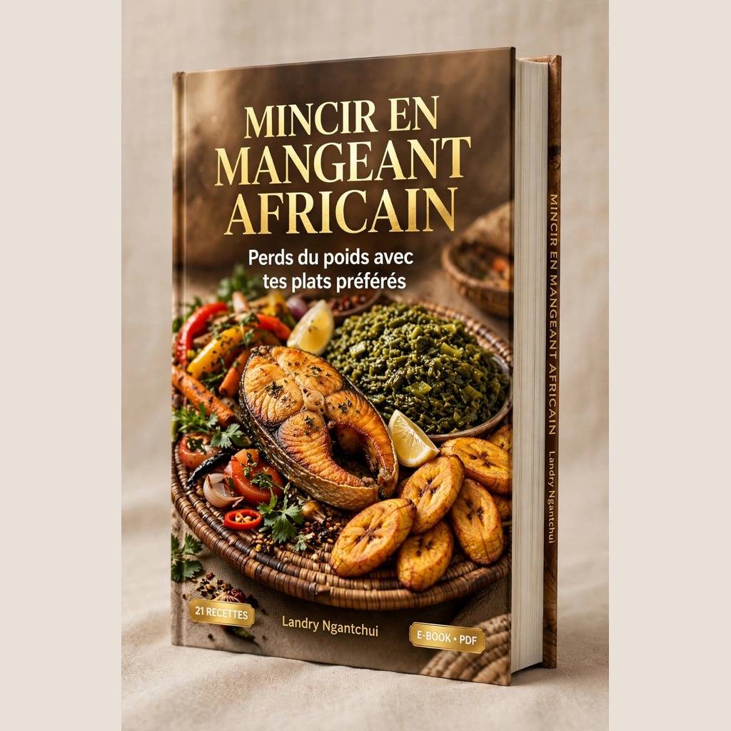 Couverture 3D du livre Mincir en Mangeant Africain de Landry Ngantchui, entourée de plats africains équilibrés
