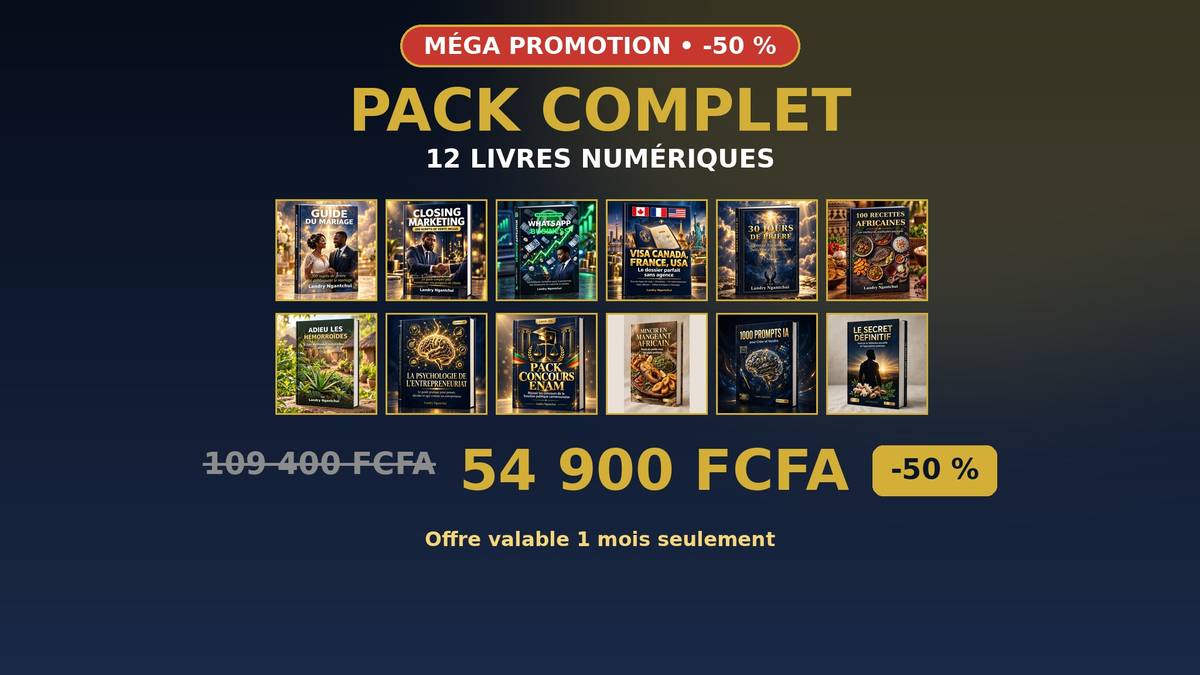 Bannière du Pack Complet avec les douze livres numériques, le prix promotionnel de 54 900 FCFA et une remise de 50 %